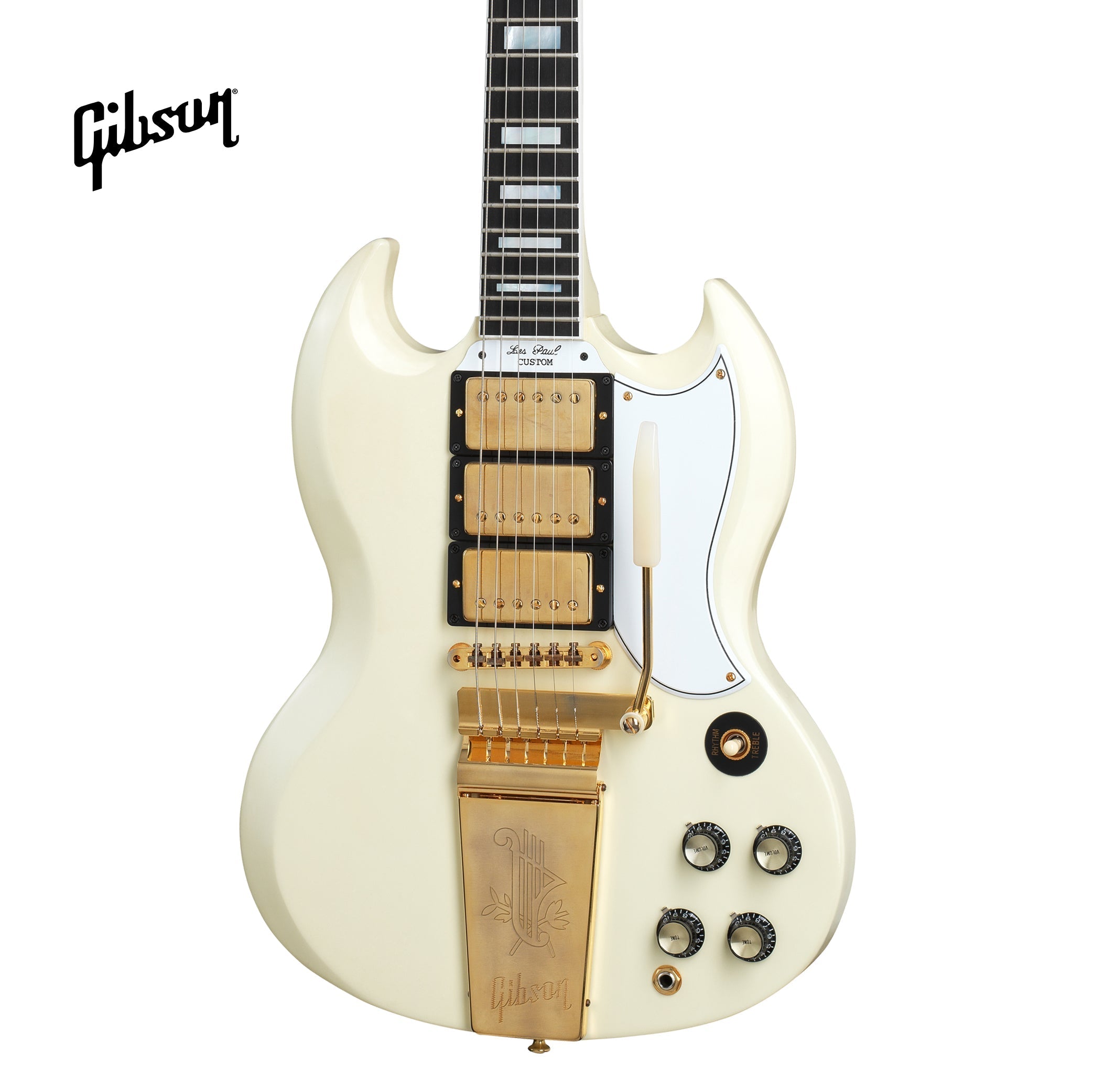 GIBSON 1963 LES PAUL SG CUSTOM REISSUE 3-PICKUP WITH MAESTRO VIBROLA VOS ELECTRIC GUITAR - CLASSIC WHITE