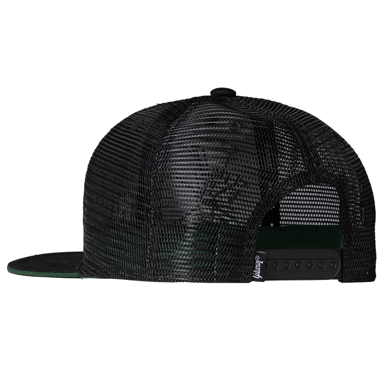 GIBSON ACCESSORIES SLASH 'SKULLY' TRUCKER HAT - BLACK AND GREEN (GA-SLSH-TRHTG)