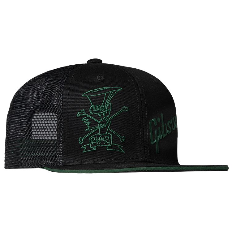 GIBSON ACCESSORIES SLASH 'SKULLY' TRUCKER HAT - BLACK AND GREEN (GA-SLSH-TRHTG)